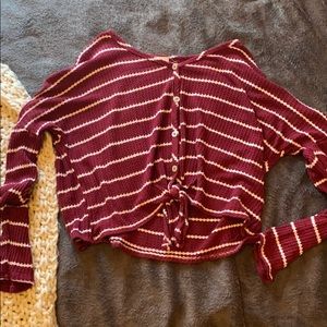 Maroon striped top with tie in the front